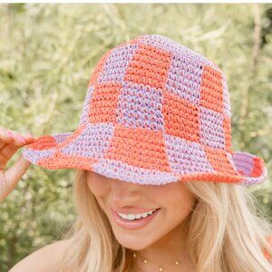 Orange & Lavender Checkered Straw Bucket Hat